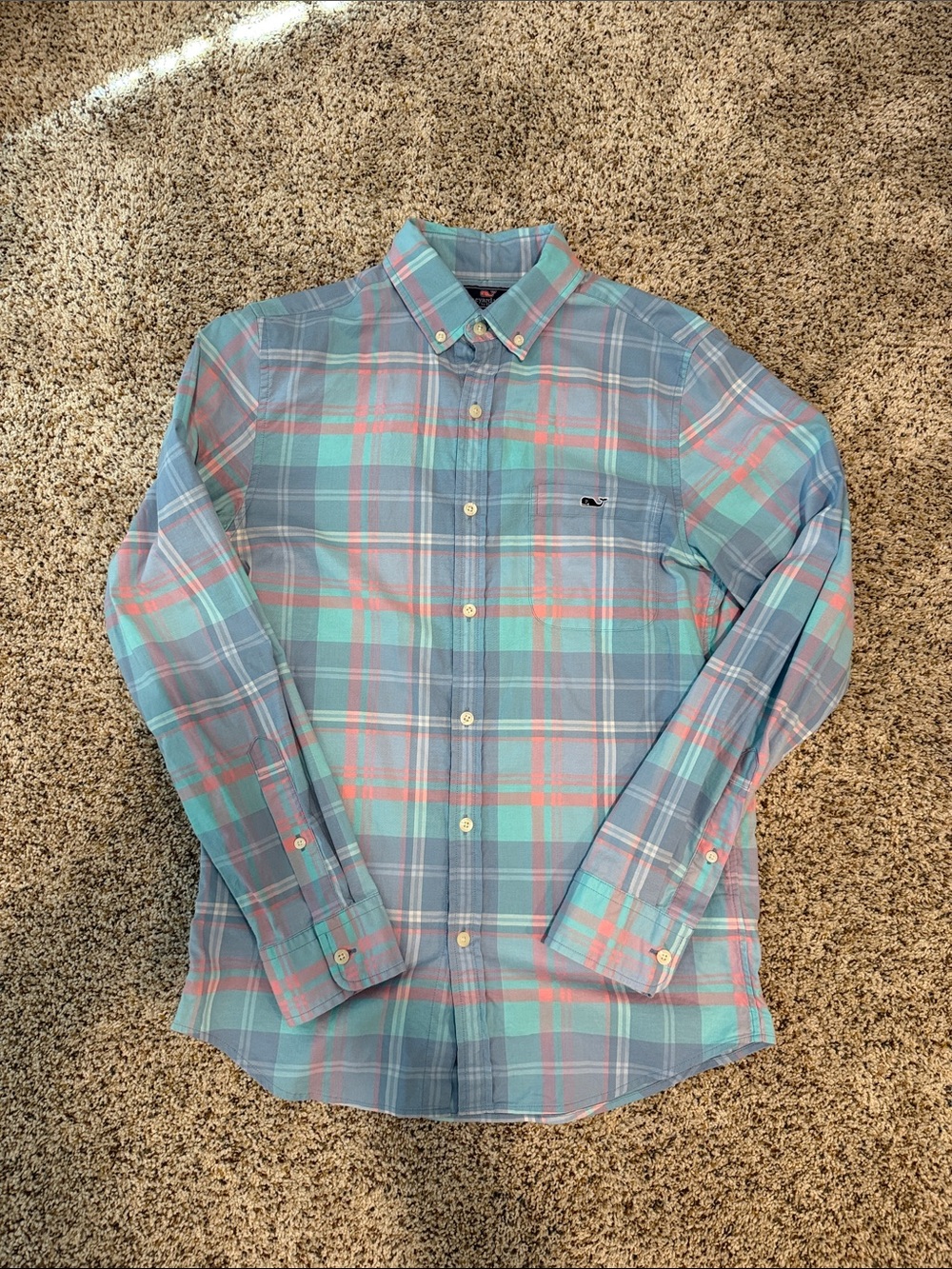 Vineyard Vines Men's Plaid Button-Down Shirt - Teal & Coral. Size XS
